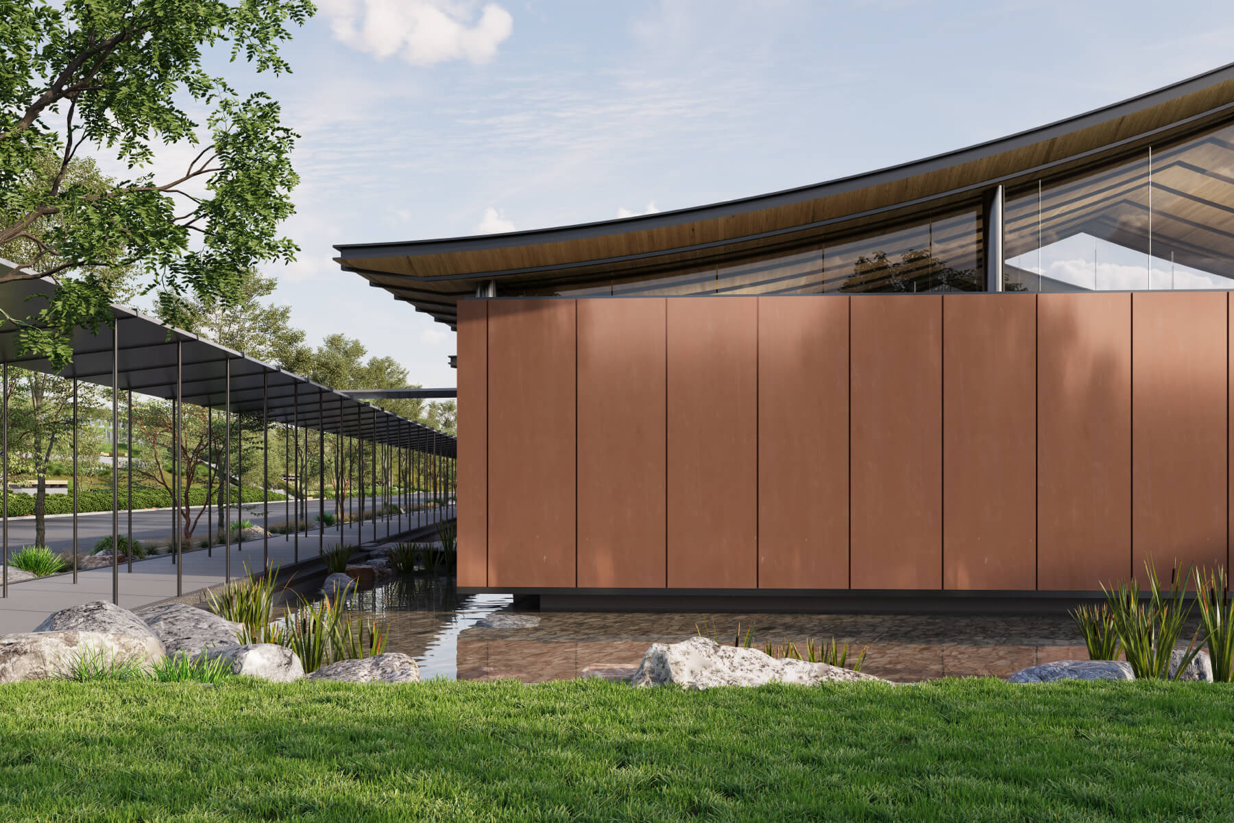 水川厅外观效果图｜Rendering of Pavilion of Water and River with copper walls beside a pool